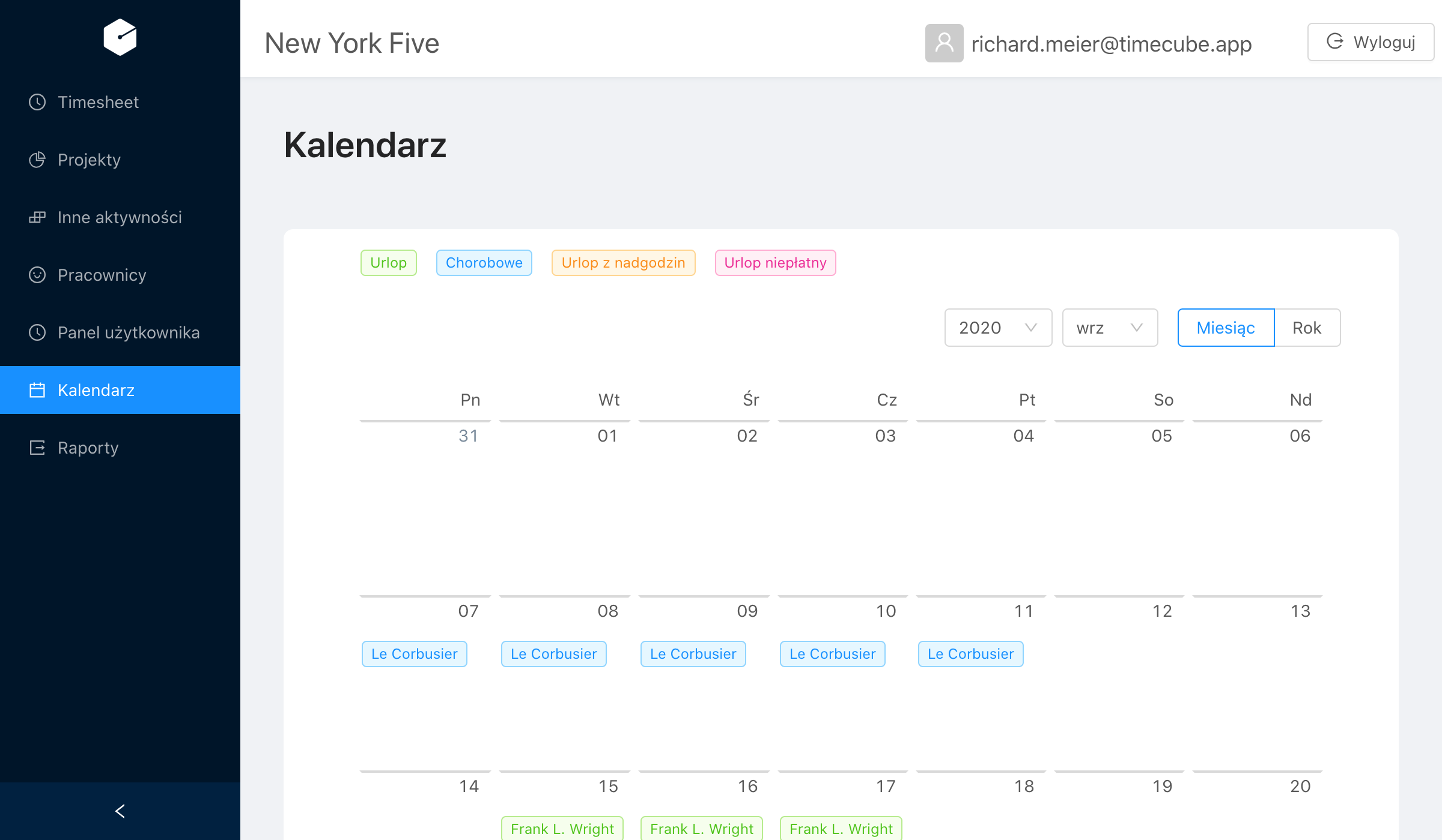 Calendar in timecube app, overview of whole architectural company
