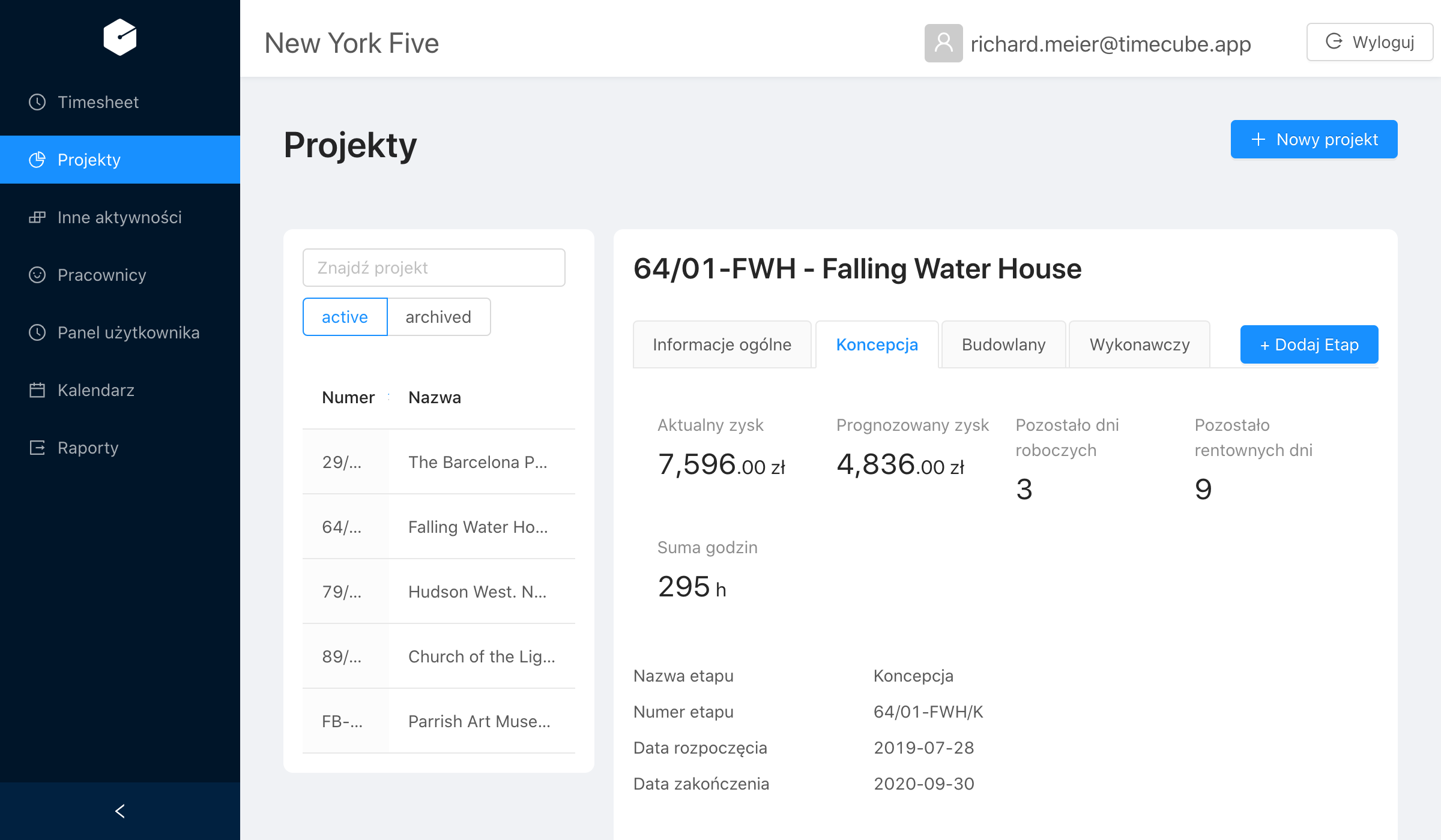 Project dashboard in timecube app, managing architectural projects